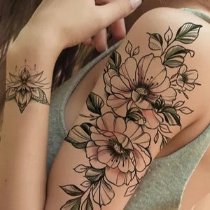 Temporary Tattoo Tattoos Art Vintage Party Body Women Design Fake Flash Colorful Flowers Rose Roses Sleeve Boho Floral Watercolor Large