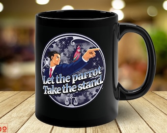 Ace Attorney Phoenix Wright Mug - Parrot Take the Stand - Black Ceramic Mug - Black Coffee Mug, 11oz