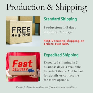 May include: An informational graphic titled Production & Shipping. It displays two cardboard boxes: one labeled FREE SHIPPING and another with a Fast Delivery graphic. Text details production and shipping timeframes, domestic shipping policies, and expedited options.