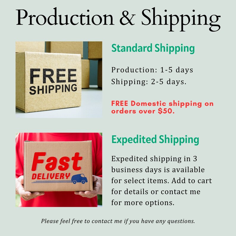 May include: An informational graphic titled Production & Shipping. It displays two cardboard boxes: one labeled FREE SHIPPING and another with a Fast Delivery graphic. Text details production and shipping timeframes, domestic shipping policies, and expedited options.