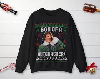 Son of a Nutcracker Ugly Christmas Sweater, Bold Graphic Elf Print, Unisex Crewneck S-3XL