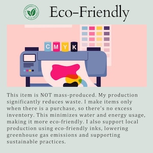May include: A graphic illustration of a blue printer with four ink cartridges labeled C, M, Y, and K, positioned above a color palette. The text reads Eco-Friendly, followed by a paragraph explaining sustainable, on-demand production methods.