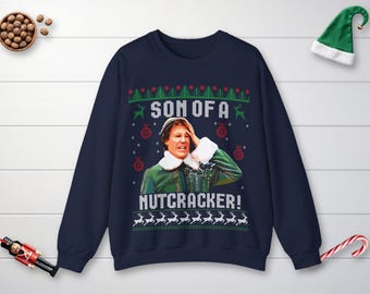 Son of a Nutcracker Ugly Christmas Sweater, Faux Knit Elf Print, Unisex Crewneck S-3XL