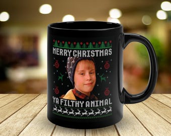 Funny Christmas Mug • Home Alone Merry Christmas Ya Filthy Animal • Ugly Christmas Mug • Black Ceramic Mug • Unique Gift • Stocking Stuffer