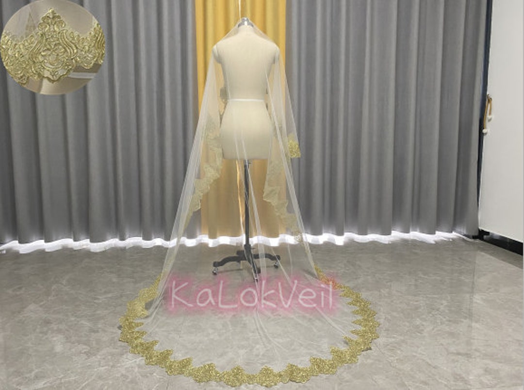 Cathedral Wedding Gold Lace Trim Veil, Ivory One Layer Lace Bridal Veil