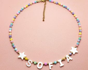 colorful name necklace , mother of pearl name necklace , personalized necklace , kids handmade necklace , Toddler beaded necklace ,