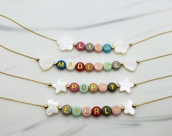 Toddler Name Necklace with Mother of Pearl Letter Necklace, Pink Necklace with Pearl Letters ,Custom Kids Necklace ,kids handmade necklaces