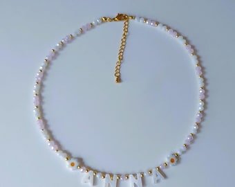 Custom Pink and White Mother of Pearl Letter Name Necklace, Handmade Toddler Jewelry