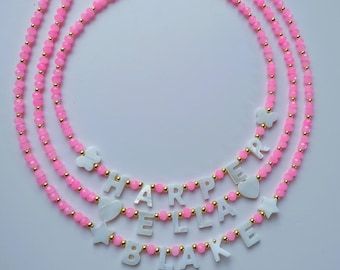 Custom Pink Name Necklace, Mother of Pearl Name Necklace, Kids Name Necklace, Gift for Girls