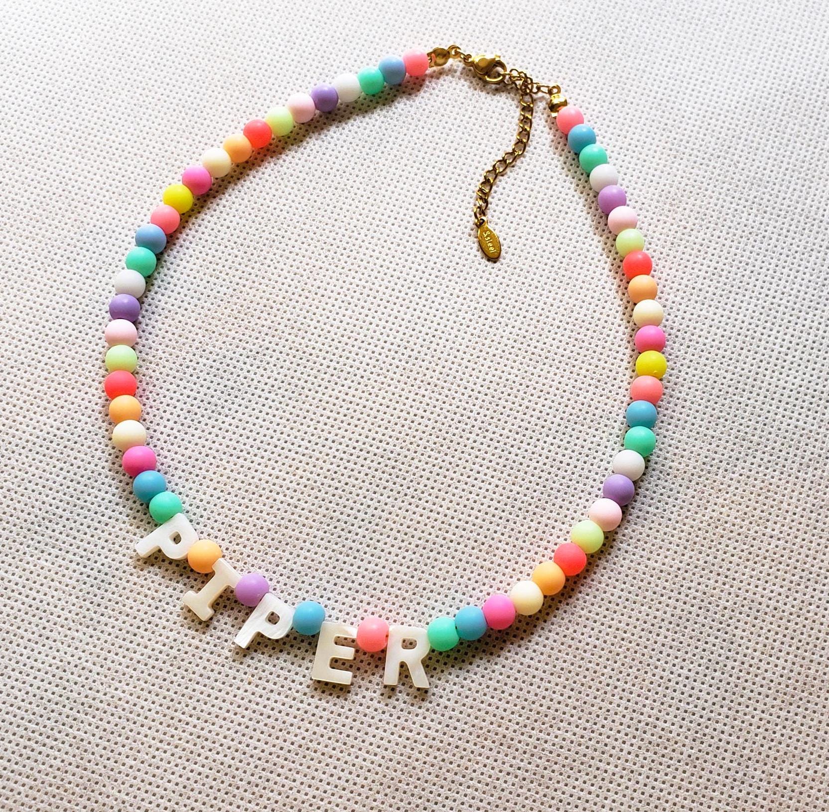 colorful Kids Name Necklace, Custom Word Necklace, Personalized Beaded Necklace, Toddler Girl Necklace