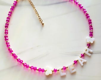 Toddler Name Necklace with Mother of Pearl Letter Necklace, Pink Necklace with Pearl Letters ,Custom Kids Necklace ,kids handmade necklaces