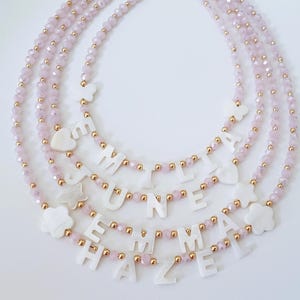Toddler Name Necklace with Mother of Pearl Letter Necklace, Pink Necklace with Pearl Letters ,Custom Kids Necklace ,kids handmade necklaces