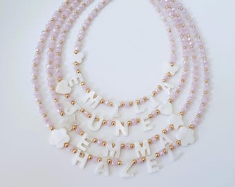 Toddler Name Necklace with Mother of Pearl Letter Necklace, Pink Necklace with Pearl Letters ,Custom Kids Necklace ,kids handmade necklaces