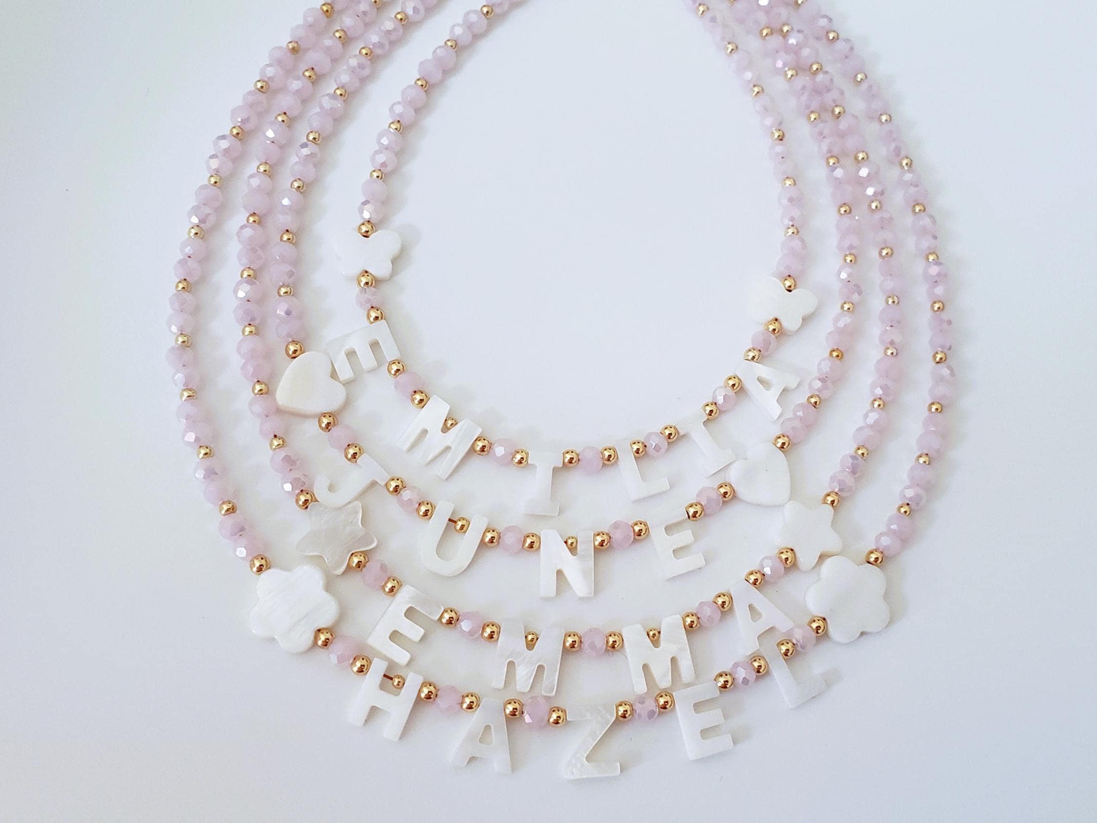 Toddler Name Necklace with Mother of Pearl Letter Necklace, Pink Necklace with Pearl Letters ,Custom Kids Necklace ,kids handmade necklaces