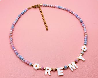 toddler Name Necklace, colorful necklace with Flower, Toddler Name Necklace With mother of pearl letter Necklace