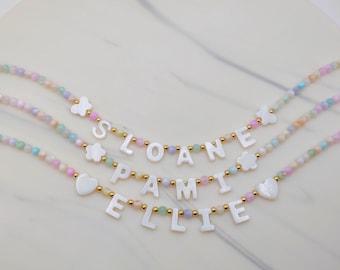 Kids Name Necklace, Mother of Pearl Name Necklace, Handmade flower Necklace, Kids Name Necklace, Gift for Girls