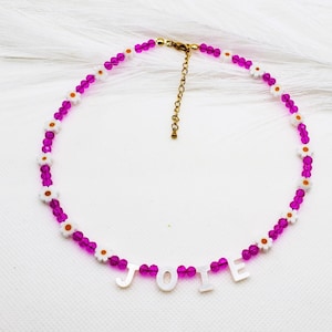 Handmade Mother of Pearl Kids Name Necklace with flower