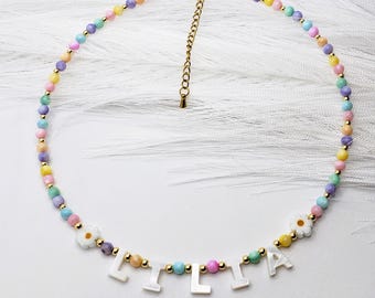 Custom Name Necklace with Flower, colorful necklace with name, Toddler Name Necklace With mother of pearl letter Necklace
