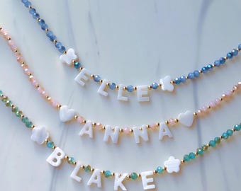 Personalized kids Name Necklace with  Flower , Handmade  Mother of Pearl Name Necklace, Kids Name Necklace, Gift for Girls