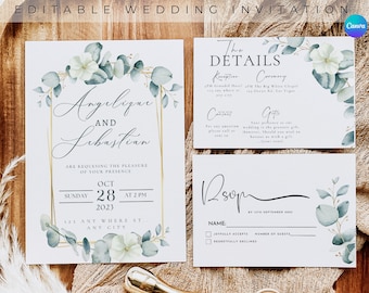 JADE -  Greenery Eucalyptus Wedding Invitation, Invitation set, Wedding photo template, Botanical wedding invitation, Garden green leaves