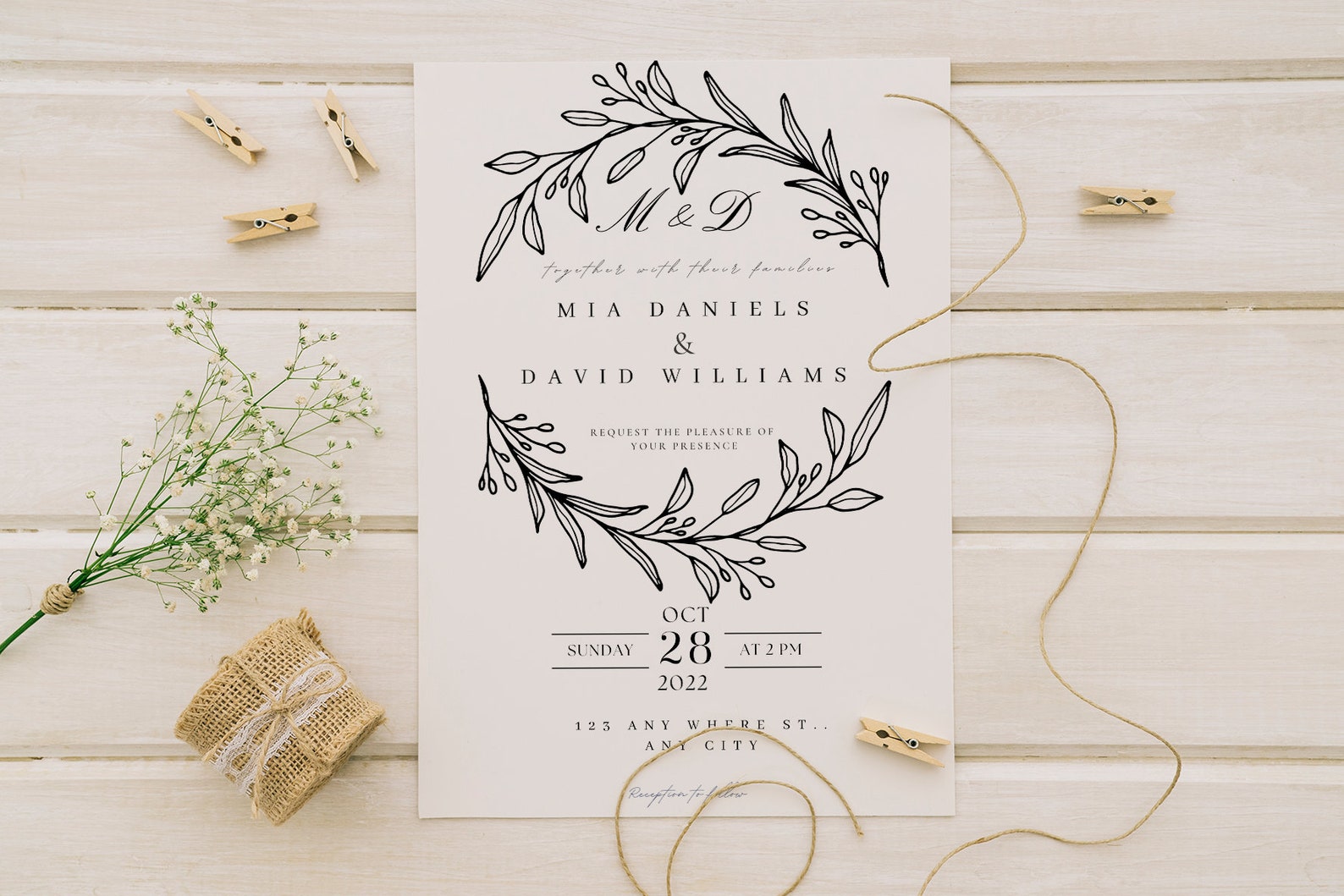 MIA Monogram Wedding Invitation Template, Simple Elegant Printable