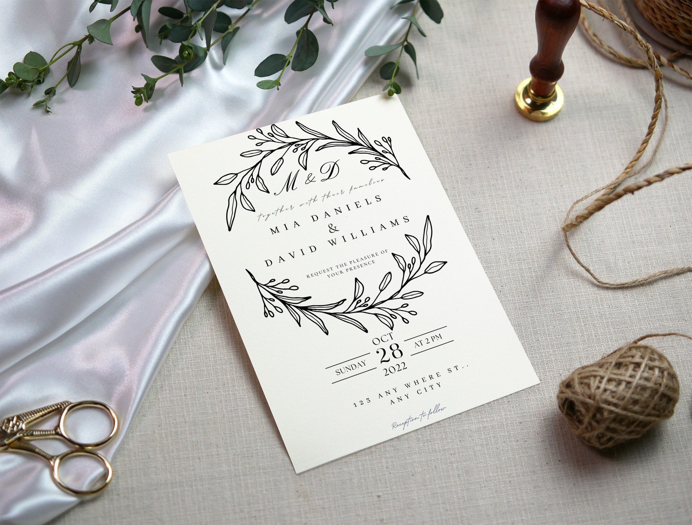 MIA Monogram Wedding Invitation Template, Simple Elegant Printable