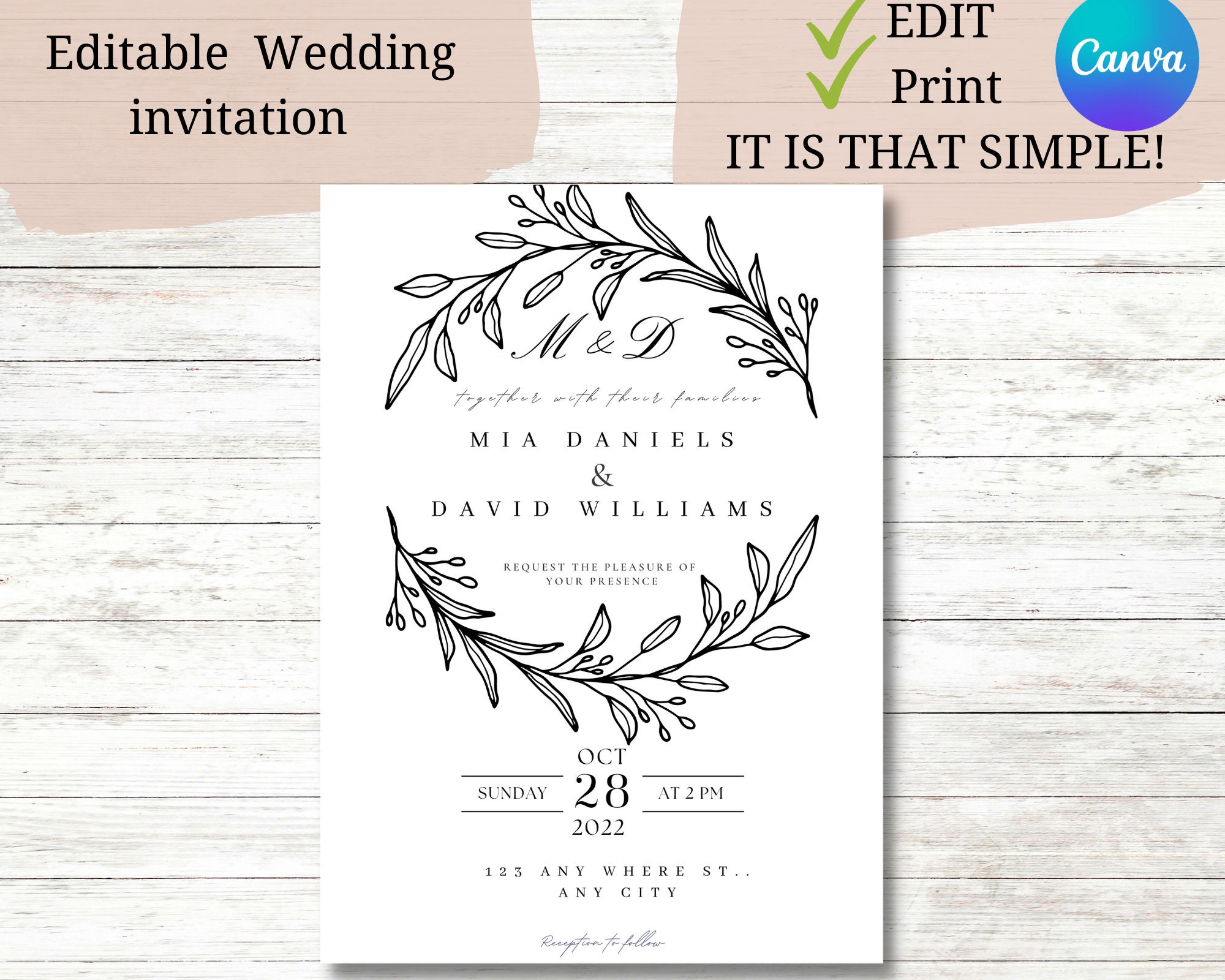MIA Monogram Wedding Invitation Template, Simple Elegant Printable