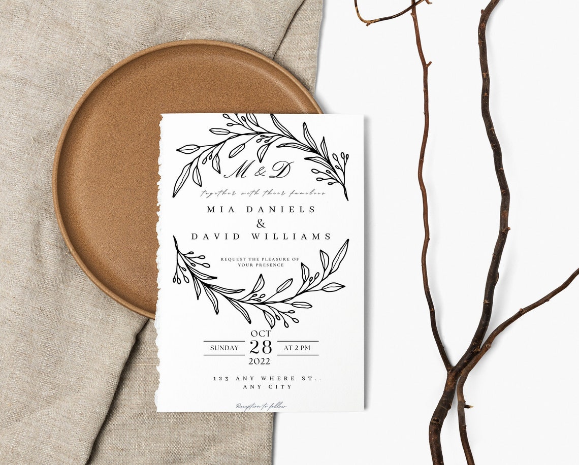 MIA Monogram Wedding Invitation Template, Simple Elegant Printable