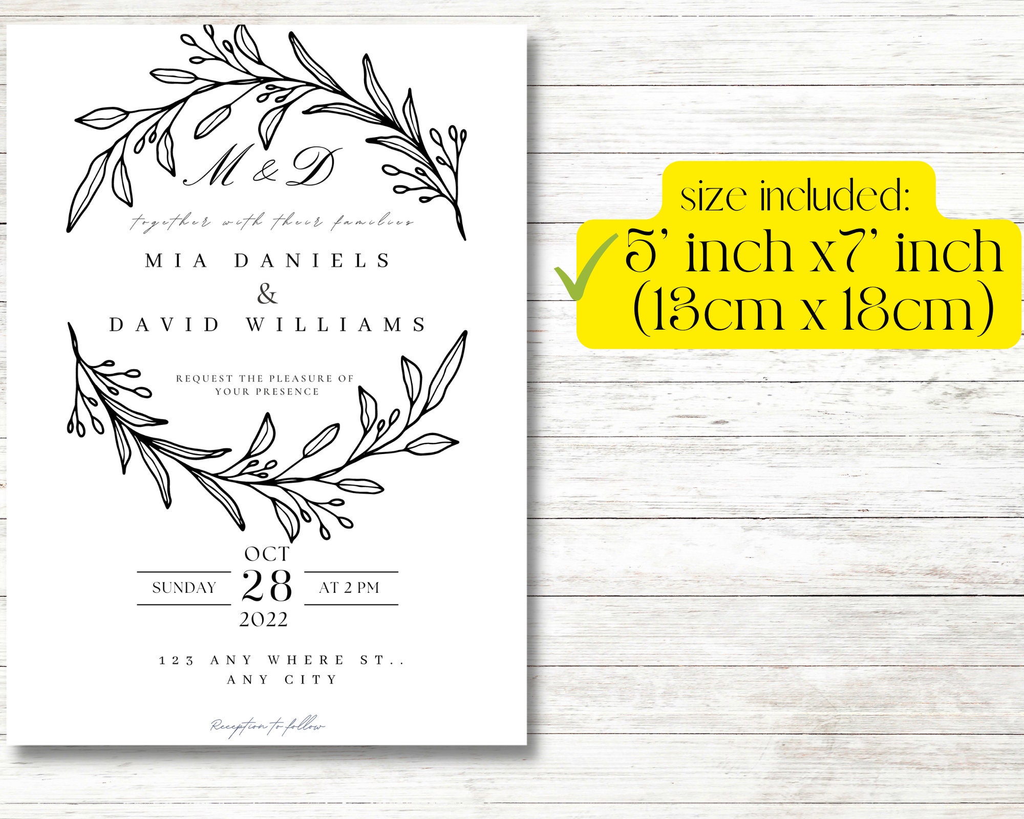 MIA Monogram Wedding Invitation Template, Simple Elegant Printable