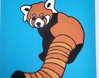Red Panda Screen Print Signed Ltd Edition Pink Blue Green and Yellow