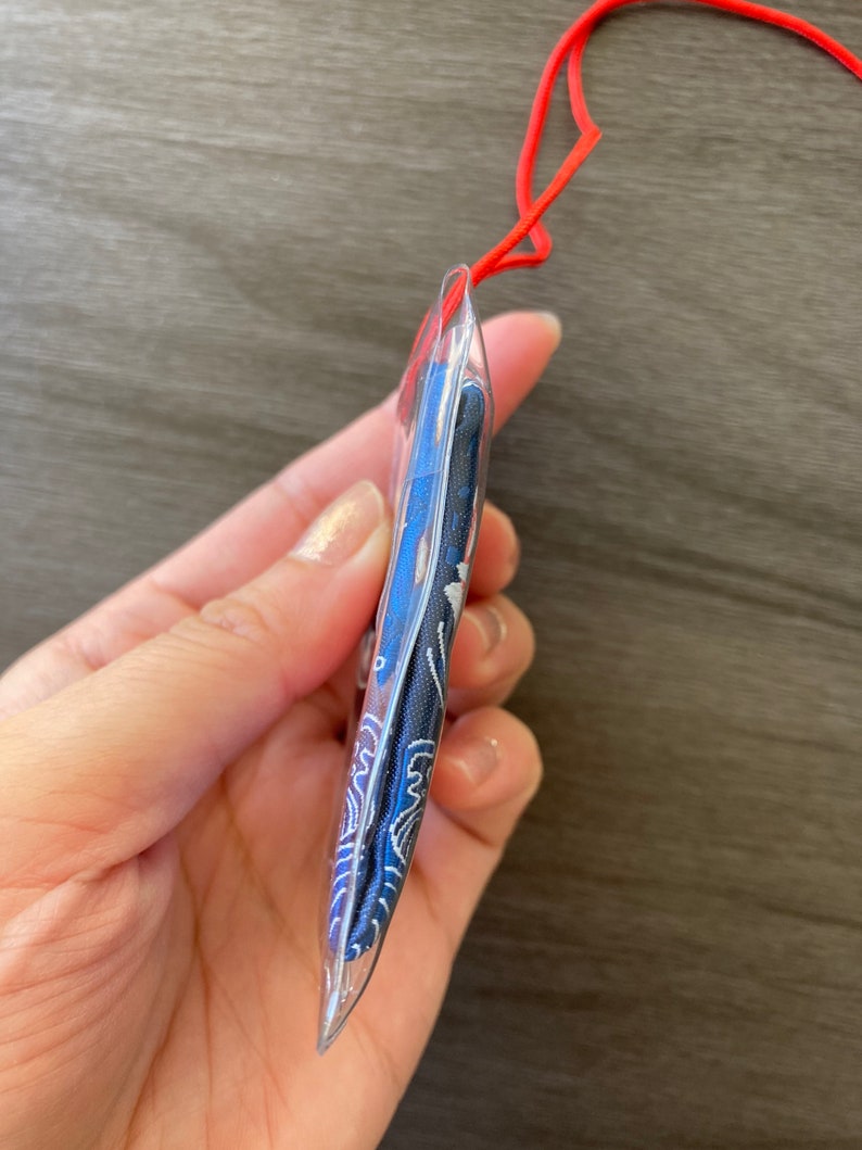 May include: A clear, plastic pendant with a blue and white patterned design, strung on a red cord. The pendant's design features a wave-like pattern. The cord is a bright red color.