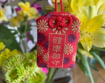 Japanese Omamori Charm For Good Health - New Talisman - Amulet - Car Hanger - Keychain - Red - Flowers