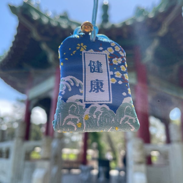 Japanese Omamori Charm For Safety and Health - New Talisman - Amulet - Car Hanger - Keychain - Blue Waves and Flowers