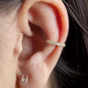Round Brilliant Cut Colorless Moissanite Diamond Ear Cuff Conch Ear Cuff Sterling Silver Helix Piercing Yellow Gold Ear Wrap, R451