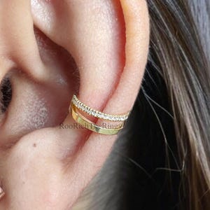 Round Brilliant Cut Colorless Moissanite Diamond Ear Cuff Double Band Ear Cuff Dainty Ear Cuff Yellow Gold Ear Wrap, R441