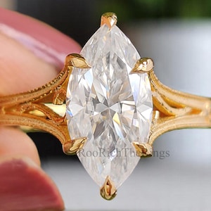 1.15 CT Marquise Cut Moissanite Engagement Ring Filigree Wedding Ring Solitaire Ring Bridal Promise Ring Yellow Gold Ring Gift For Her, R459