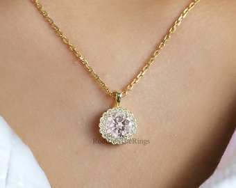 Yellow Gold Halo Pendant Necklace for Women Round Cut Pendant Necklace with Moissanite Stones Necklace for Teen Girls and Women, R114