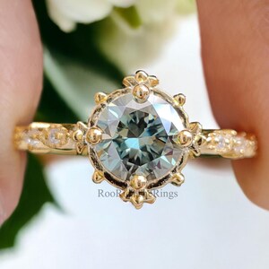 Round Prong Set Engagement Ring 0.80 CT Round Blue Moissanite Ring Contemporary Art Deco Ring Wedding Ring Anniversary Gift Ring, R361