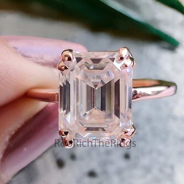 3.70 CT Emerald Shape Engagement Ring in Solid Rose 10K/14k/18k Gold Emerald Cut Solitaire Engagement Ring Brilliant Moissanite Ring, R232