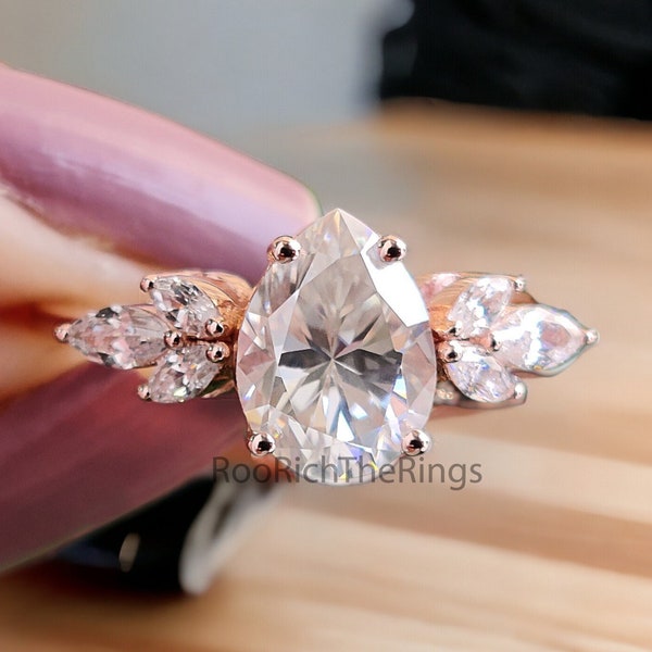 Pear shaped Moissanite Engagement ring 1.80 CTW Vintage Unique Solid Gold Marquise Diamond wedding ring Bridal Promise gift for woman, R234