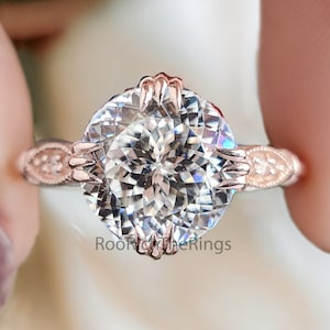 Vintage Style Engagement Ring 2.26 TW Portuguese Cut Moissanite Fishtail Prong Ring Wedding Ring for Women Cathedral Milgrain Ring, R212
