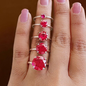 Sterling Silver Red Ruby Simulant Solitaire Ring 11mm 9mm 8mm 6.50mm 4mm Promise Ring Gift for her, R605