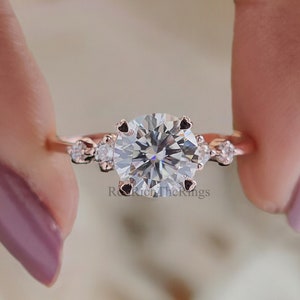 Dainty Engagement Ring 7 MM Round Cut Moissanite Ring 14K Rose Gold Ring Prong Set Ring Stack Ring Promise Bridal Ring Ring For Women, R301