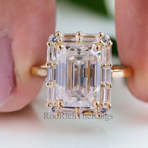 3.00 CT Emerald Cut Colorless Moissanite Engagement Ring Side Baguette Moissanite Wedding Ring Anniversary Gift For Her Handmade Ring, R170