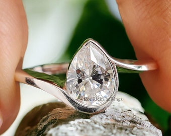 Pear Cut Engagement Ring, Moissanite Diamond Ring, Wedding Rings for Women, Half Bezel Ring Pear CZ Diamond Ring Anniversary Ring Gift R25