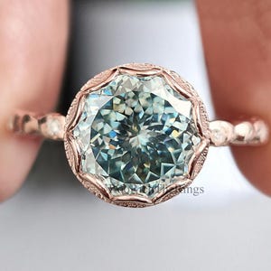 Portuguese Round Shape Blue Moissanite Engagement Ring Bezel Set Rose Gold Vintage Ring Anniversary Ring Gift For Her Wedding Ring, R485