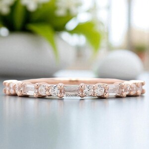 Silver/10K/14K/18K Gold Baguette And Round Diamond Wedding Band Half Eternity Minimalist stacking dainty matching anniversary ring, R73