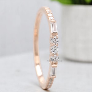 Baguette and Round Diamond Wedding Band Silver/10K/14K/18K Band Half Eternity Minimalist stacking dainty matching anniversary ring, R74