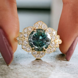 Portuguese Round Cut 8 mm Blue Moissanite Engagement Ring Yellow Gold Vintage Ring Anniversary Ring Gift Blue Moissanite Wedding Ring, R151