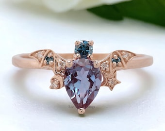 Alexandrite Engagement Ring, Pear Alexandrite Ring, Vintage Pear Ring, Color Change Gemstone Ring, Proposal Ring, Anniversary Gift, R358